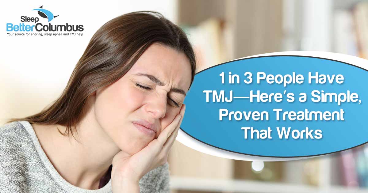 Image of a woman suffering from TMJ at home, featuring Sleep Better Columbus and highlighting that 1 in 3 people have TMJ and there is a simple, proven treatment that works.