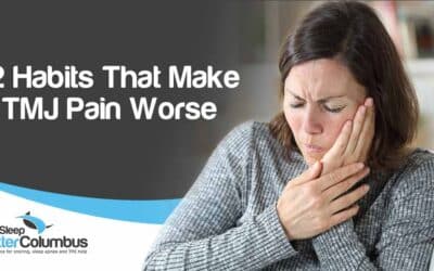 Middle-aged woman in pain, touching her face due to toothache, featuring Sleep Better Columbus and highlighting 12 Habits That Make TMJ Pain Worse.