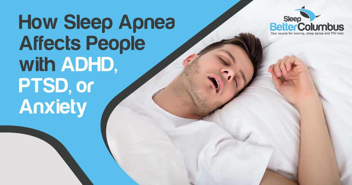 Image of a tired young man snoring, featuring Sleep Better Columbus and highlighting how sleep apnea affects individuals with ADHD, PTSD, or anxiety.