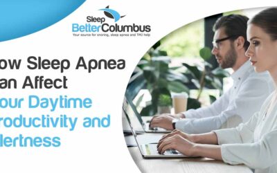 Image of a woman working on a computer, representing Sleep Better Columbus, highlighting how sleep apnea can impact daytime productivity and alertness, aligning with the page's focus on improving sleep health for better daily performance.