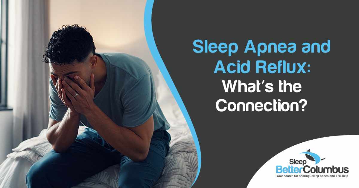 Frustrated, exhausted man sitting on a bed at home, showing stress and insomnia symptoms related to sleep apnea and acid reflux, highlighting the connection between sleep-disordered breathing and nighttime discomfort for Sleep Better Columbus.