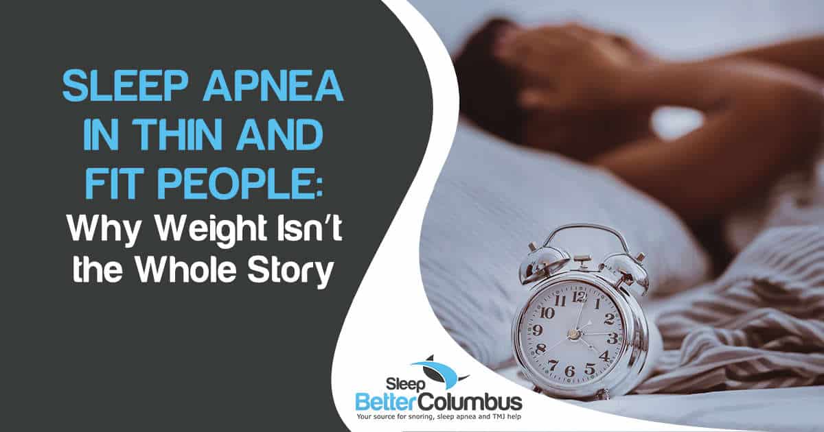 Image of an African American woman lying awake in bed suffering from insomnia, featuring Sleep Better Columbus and highlighting that sleep apnea can affect thin and fit people, showing weight isn’t the whole story.