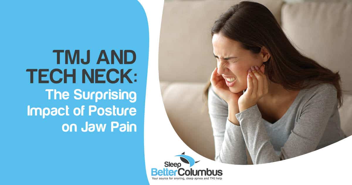 Image of a woman at home suffering from TMJ syndrome and jaw pain, featuring Sleep Better Columbus and highlighting the connection between TMJ, tech neck, and posture-related jaw discomfort.