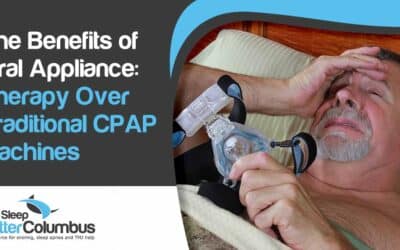 Image of a traditional CPAP machine, accompanied by the Sleep Better Columbus logo, illustrating the benefits of oral appliance therapy as a more comfortable and convenient alternative to traditional CPAP machines, aligning with the page's focus on sleep health solutions.