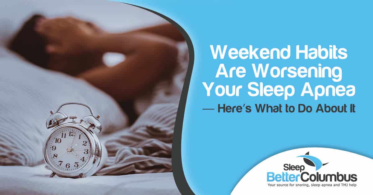 Image of an African American woman suffering from insomnia while lying awake in bed, featuring Sleep Better Columbus and highlighting how weekend habits may worsen sleep apnea and what to do about it.